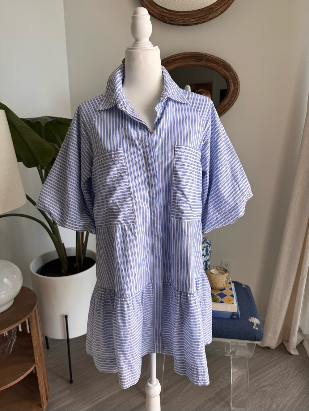 Mason Baker💙🤍 Blue and White Striped Button Front Shirt Dress size M